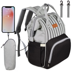 Чанта за количка NEVEQ, Раница за бебешки принадлежности, Многофункционална чанта за памперси с вграден USB порт, сиво-черна